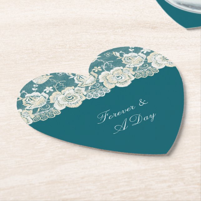 Romantic Teal Blue White Lace Floral Wedding Paper Coaster (Angled)