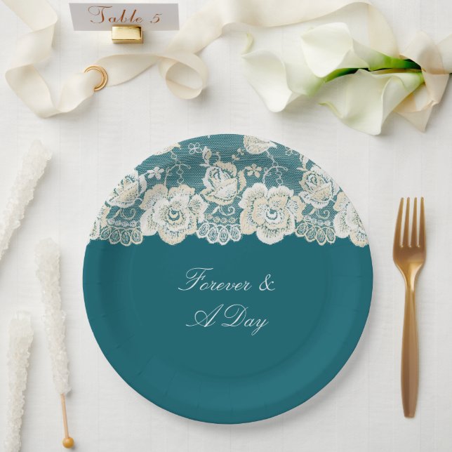 Romantic Teal Blue White Lace Floral Wedding Paper Plates (Wedding)