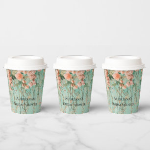 Romantic Teal Blush Flowers Wedding Bridal Shower Paper Cups