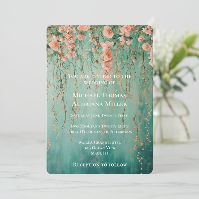Romantic Teal Blush Flowers Wedding  Invitation (Standing Front)