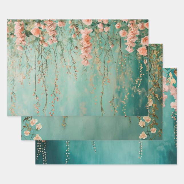Romantic Teal Blush Flowers Wedding Wrapping Paper Sheets (Set)