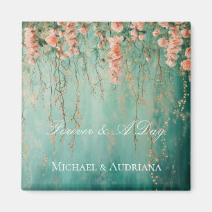Romantic Teal Blush Peach Flowers Wedding Magnet