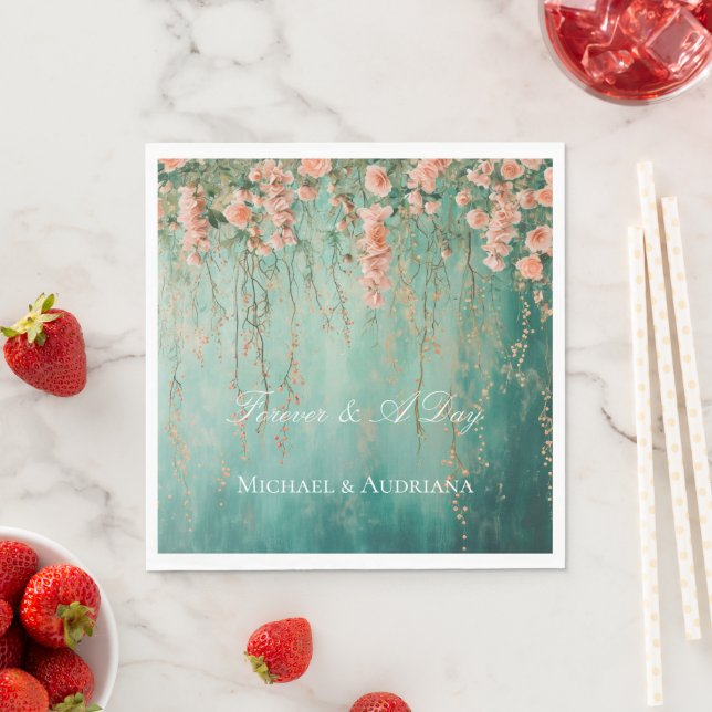 Romantic Teal Blush Peach Flowers Wedding Napkins (Insitu)