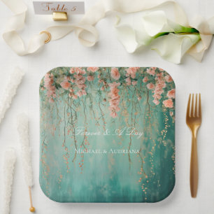 Romantic Teal Blush Peach Flowers Wedding Paper Plates