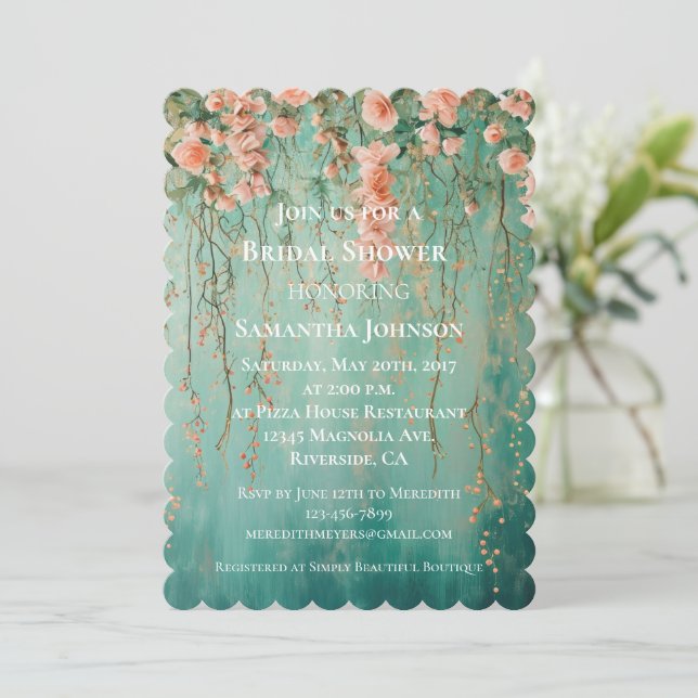 Romantic Teal Blush Pink Floral Bridal Shower Invitation (Standing Front)