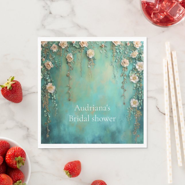 Romantic Teal Blush Pink Flowers Bridal Shower Napkins (Insitu)