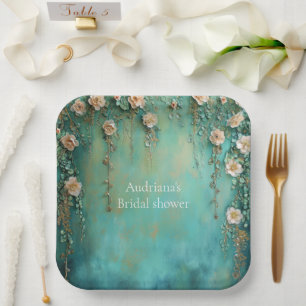 Romantic Teal Blush Pink Flowers Bridal Shower Paper Plates