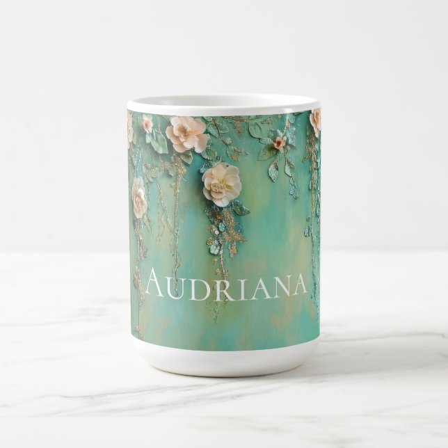 Romantic Teal Blush Pink Flowers  Coffee Mug (Center)