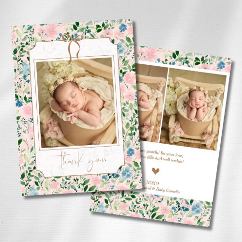 Romantic Teal Blush Sage Floral Gold Baby Photo  Announcement