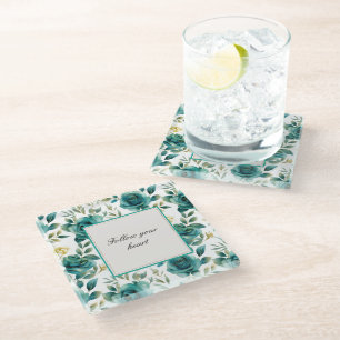 Romantic Teal Cream Rose Floral Bridal Shower Glass Coaster