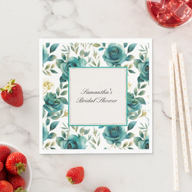 Romantic Teal Cream Rose Floral Bridal Shower Napkins (Insitu)