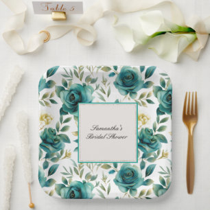 Romantic Teal Cream Rose Floral Bridal Shower Paper Plates