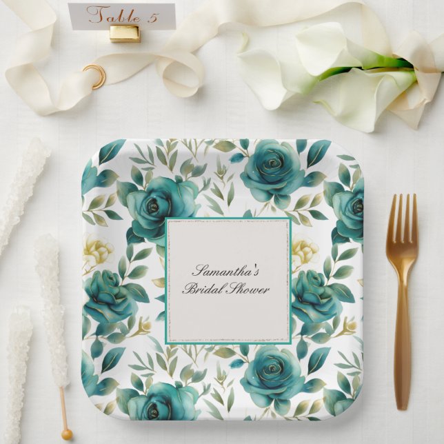Romantic Teal Cream Rose Floral Bridal Shower Paper Plates (Wedding)
