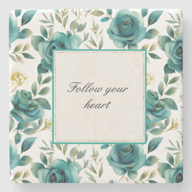 Romantic Teal Cream Rose Floral Bridal Shower Stone Coaster (Front)