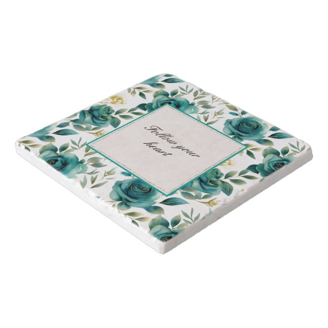 Romantic Teal Cream Rose Floral Bridal Shower Trivet (Corner)
