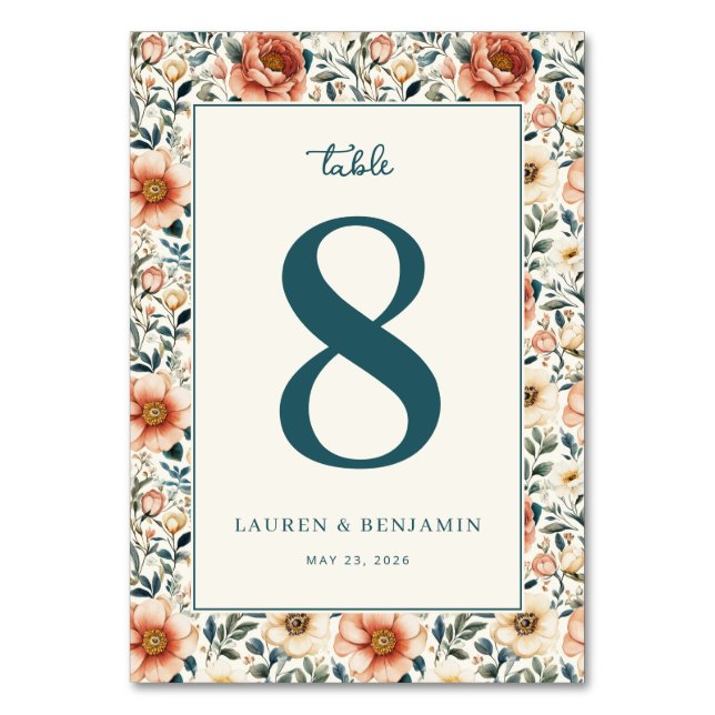 Romantic Teal Floral Table Number (Front)