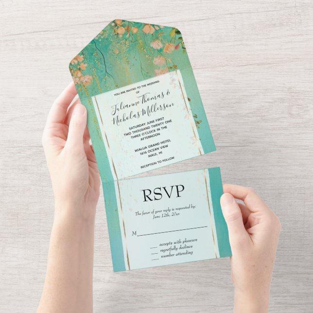 Romantic Teal Green Blush Pink Floral Wedding All In One Invitation (Tearaway)
