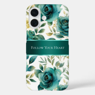 Romantic Teal Green Cream Rose Floral iPhone 16 Case