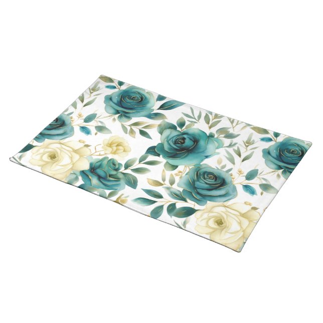 Romantic Teal Green Cream Rose Floral Cloth Placemat (On Table)