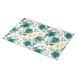 Romantic Teal Green Cream Rose Floral Cloth Placemat