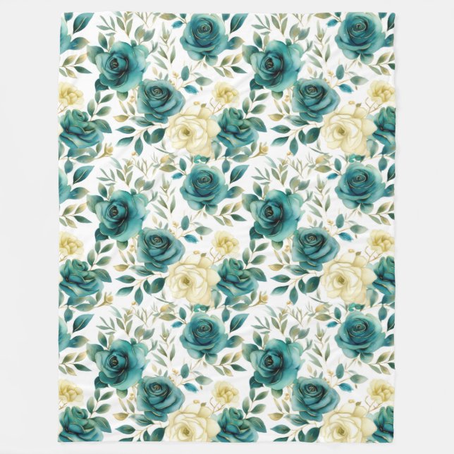 Romantic Teal Green Cream Rose Floral Fleece Blanket (Front)