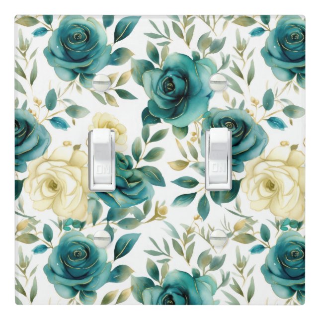Romantic Teal Green Cream Rose Floral Light Switch Cover (In Situ)