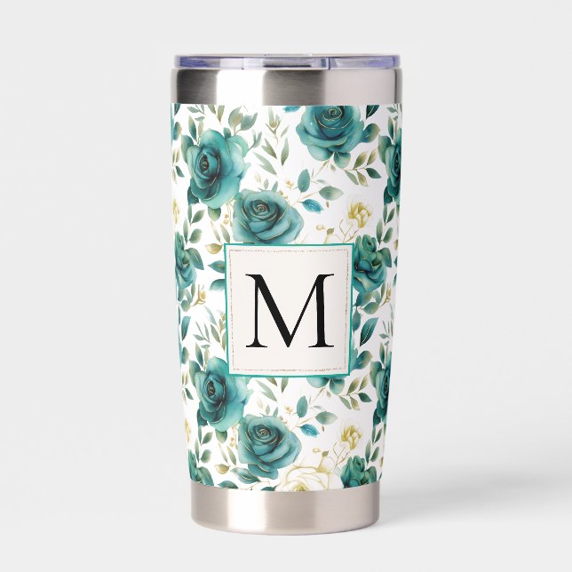 Romantic Teal Green Cream Rose Floral Monogram Insulated Tumbler (Front)