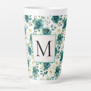 Romantic Teal Green Cream Rose Floral Monogram Latte Mug