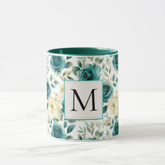 Romantic Teal Green Cream Rose Floral Monogram Mug (Center)