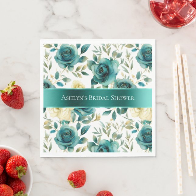Romantic Teal Green Cream Rose Floral Napkins (Insitu)