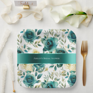Romantic Teal Green Cream Rose Floral Paper Plates