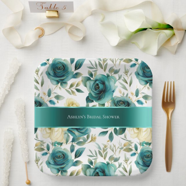 Romantic Teal Green Cream Rose Floral Paper Plates (Wedding)