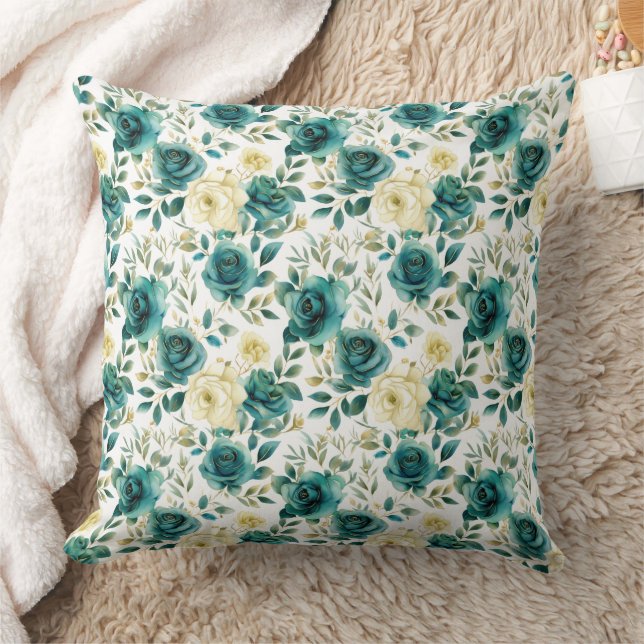 Romantic Teal Green Cream Rose Floral Throw Pillow (Blanket)