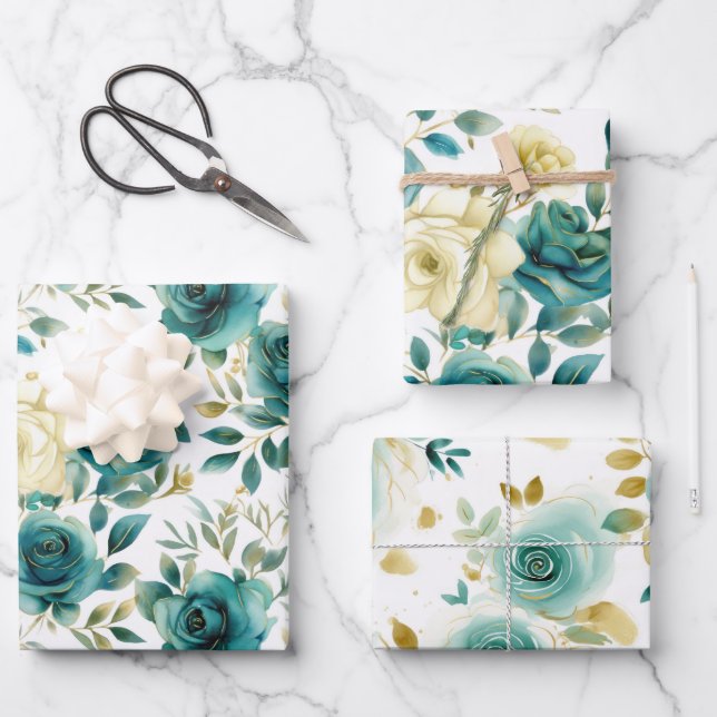 Romantic Teal Green Cream Rose Floral Wrapping Paper Sheets (Front)