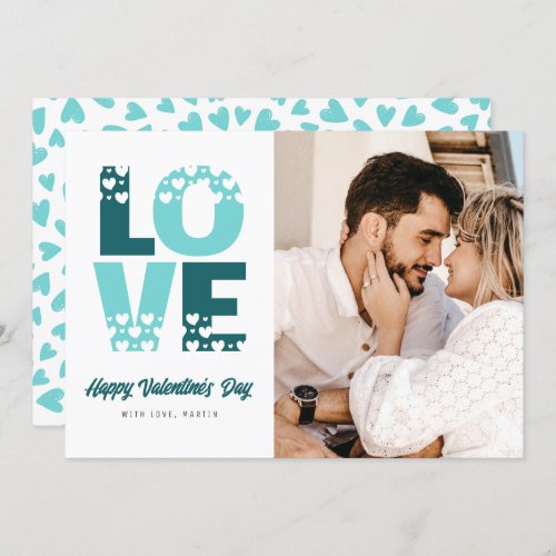 Romantic Teal Hearts Photo Valentines Day Holiday Card
