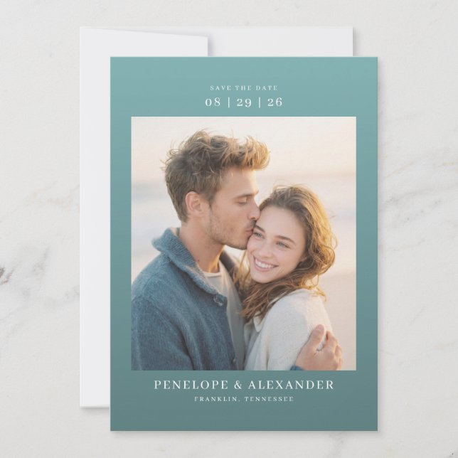 Romantic Teal Minimalist Photo Save The Date (Front)