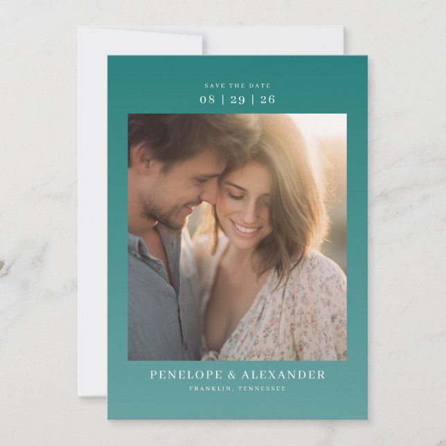 Romantic Teal Minimalist Photo Save The Date (Front)