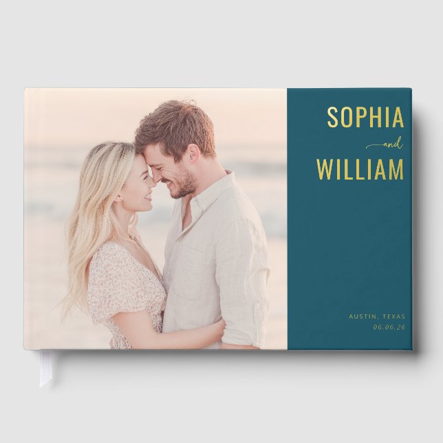 Romantic Teal Modern Photo Foil Guest Book (Front)