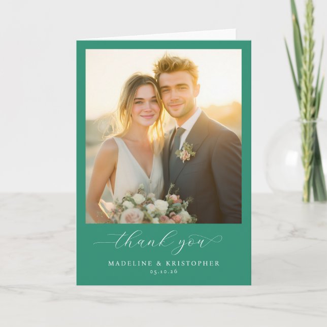 Romantic Teal Photo Letterpress Thank You Card (Front)
