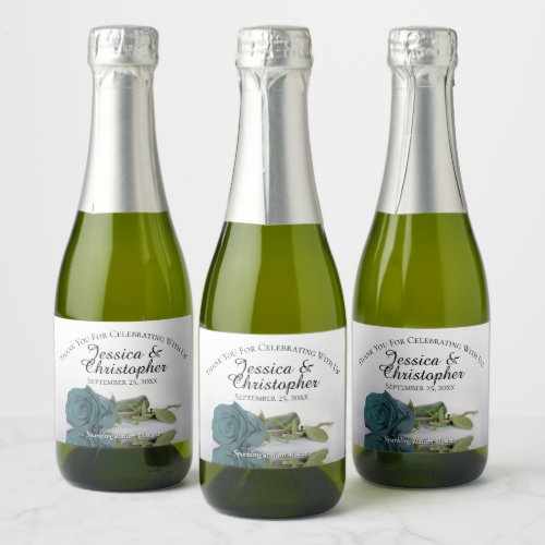 Romantic Teal Rose Elegant Wedding Thank You Mini Sparkling Wine Label