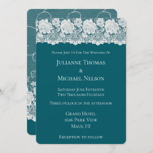 Romantic Teal White Lace Floral Wedding Invitation