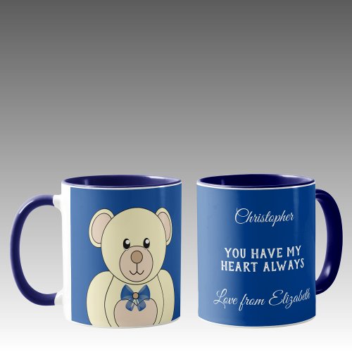 Romantic teddy bear add a message blue mug