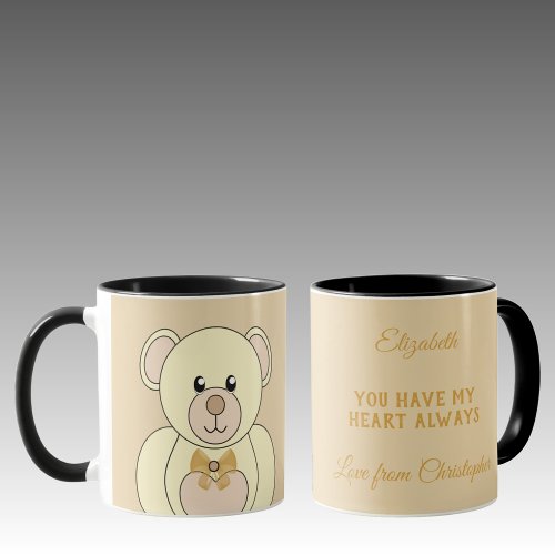 Romantic teddy bear add a message gold mug