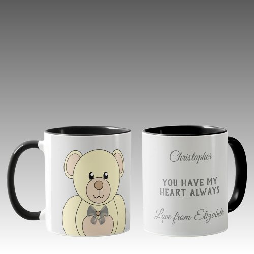 Romantic teddy bear add a message grey mug