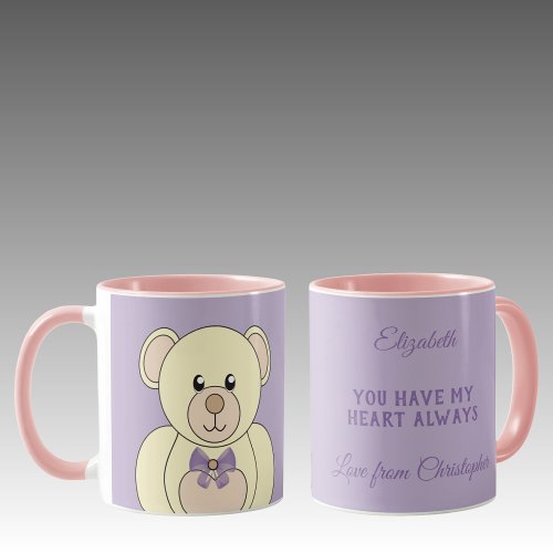 Romantic teddy bear add a message purple mug