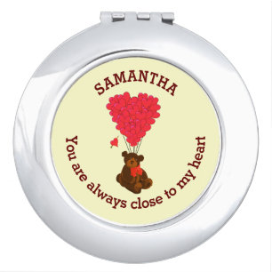 Romantic teddy bear and red heart personalized mirror for makeup