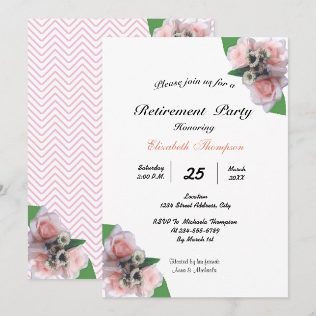 Romantic three pink roses floral Retirement Party Invitation (Front/Back)