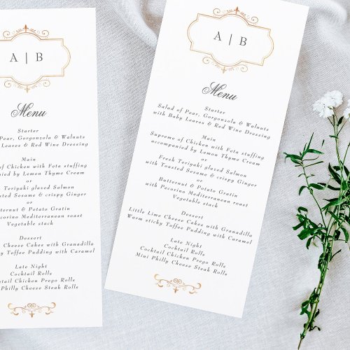 romantic traditional gold monogram wedding menu