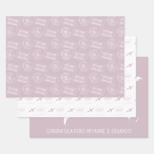 Romantic Travel Theme Passport Stamp Airplane Map Wrapping Paper Sheets