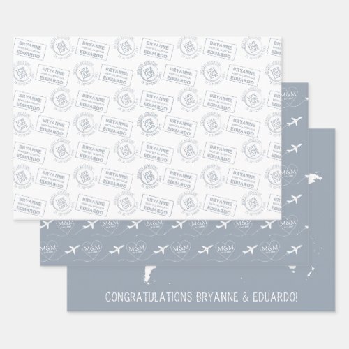 Romantic Travel Theme Passport Stamp Map Blue Wrapping Paper Sheets